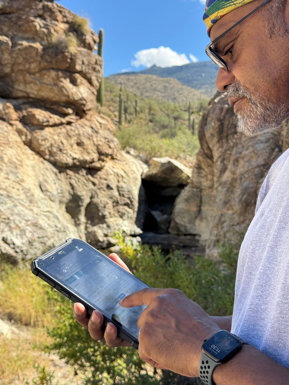 Checking HabitatLens on the TRIPLTEK X PRO tablet during Sunday's hike in Saguaro National Park East.